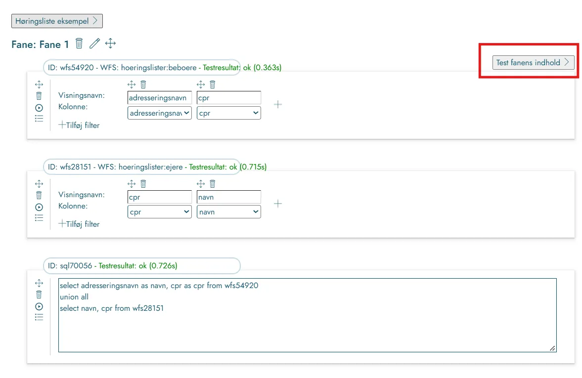 Udfyld SQL og test fanens indhold